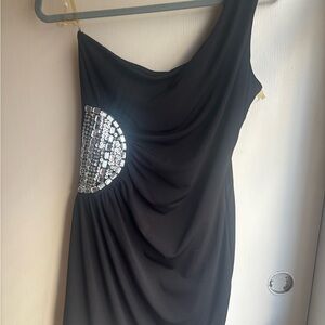 City Triangles Black One-Shoulder Evening Dress with Silver Sequin Detail